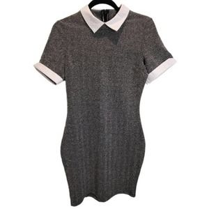 REVAMPED black houndstooth body con mini dress collared preppy academic size sm